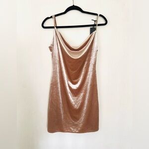 NWT Know One Cares champagne velvet-velour cowl neck mini dress